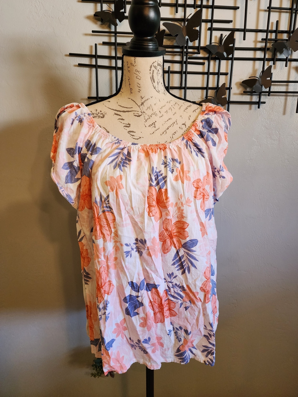 GAP Peach and Blue Tropical Floral Top With Tulip Sleeves